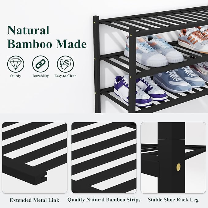 Smiry Shoe Rack, 5 Tier Thick Bamboo Shoe Organizer, Stackable Free Standing Wooden Shoe Storage Shelf for Closet, Entryway, Front Door Entrance, Black