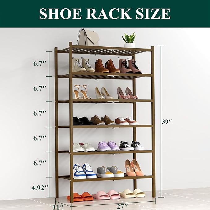 Smiry Shoe Rack, 6 Tier Thick Bamboo Shoe Organizer, Stackable Free Standing Wooden Shoe Storage Shelf for Closet, Entryway, Front Door Entrance, Walnut