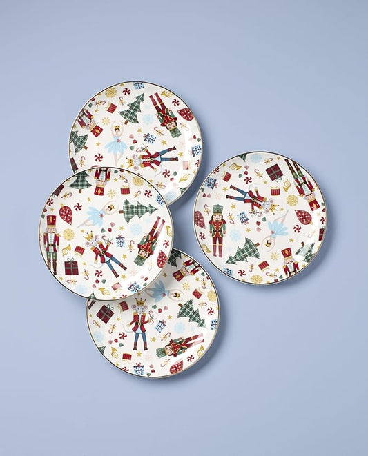 Lenox Dinnerware Set, Nutcracker Ballet Accent Plates, Service for 4 Porcelain Dinnerware, Microwave & Dishwasher Safe, Pasta, Salad and Dinner, Nutcracker Christmas Accent Plates (Assorted, 4 Piece)