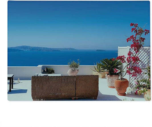 Ambesonne Modern Cutting Board, View of Mediterranean Santorini Aegean Sea Seascape Holiday Artwork, Decorative Tempered Glass Cutting and Serving Board, Large Size, Grey Sky