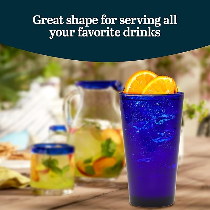 Libbey Cobalt Blue Drinking Glasses, Classic Design Flare Tumbler Glasses Set of 8, Dishwasher Safe Glass Drinking Glasses for Beverages