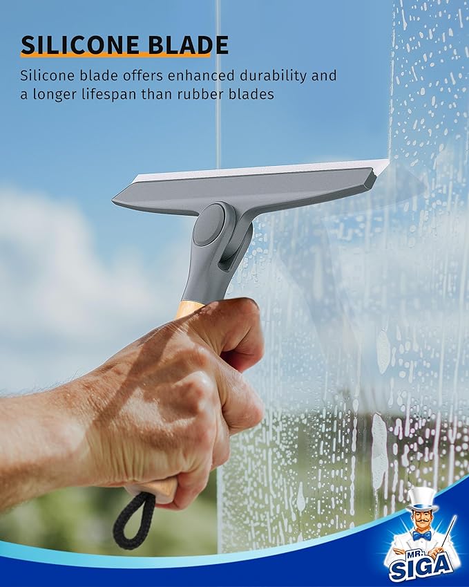 MR.SIGA All Purpose Silicone Squeegee for Shower Door, Mirror, Glass, Streak Free Shower Squeegee, Pivoting Bamboo Handle, Includes 1 Suction Hook, 10 inch Wide, Gray, 1 Pack