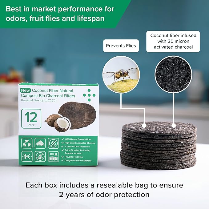Biodegradable Natural Filter - 2 Years Supply for Kitchen Compost Bins - Longer Lasting Activated Charcoal - Universal Size Fits All Compost Bins up to 7.25" Filter Size - Replacement Set of 12
