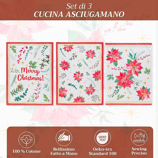 Maison d' Hermine Kitchen Towels Set of 3 100% Cotton 20" x 27.5" Reusable Cloth Tea Dish Towels Absorbent with Hanging Loop for Kitchen Thanksgiving Christmas Decorations (Poinsettia Christmas)