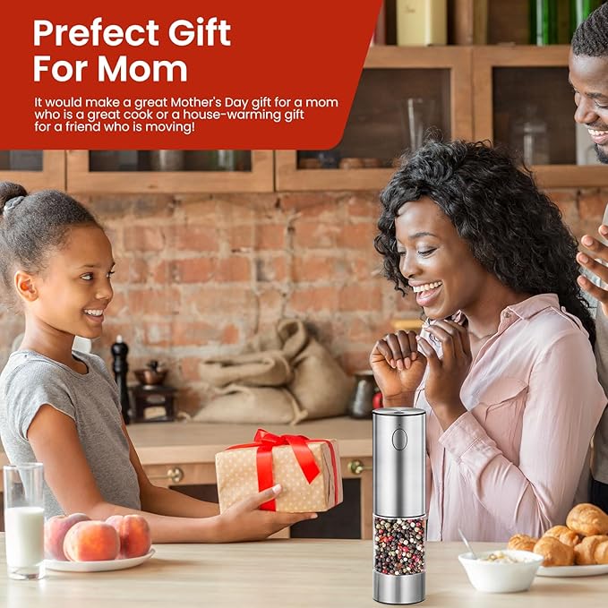 Electric Salt and Pepper Grinder Rechargeable with Light, Electric Salt and Pepper Shakers, Automatic & Adjustable Coarseness, Kitchen Gadgets, Stainless Steel
