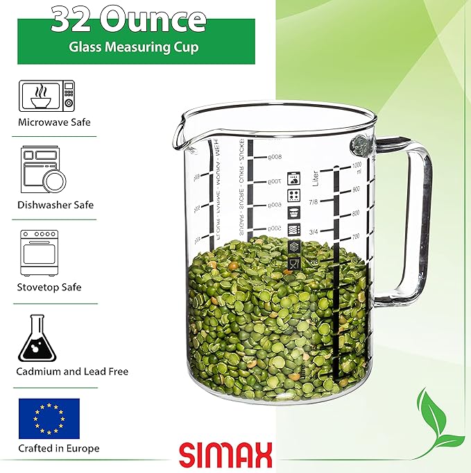 Simax Glass Measuring Cup in Grams, Ml, Oz - Borosilicate 32 Oz Liquid Cup for Metric Measurements, Liter, Milliliter, Ounce, Sugar & Flour Grams - No Drip Pour Spout