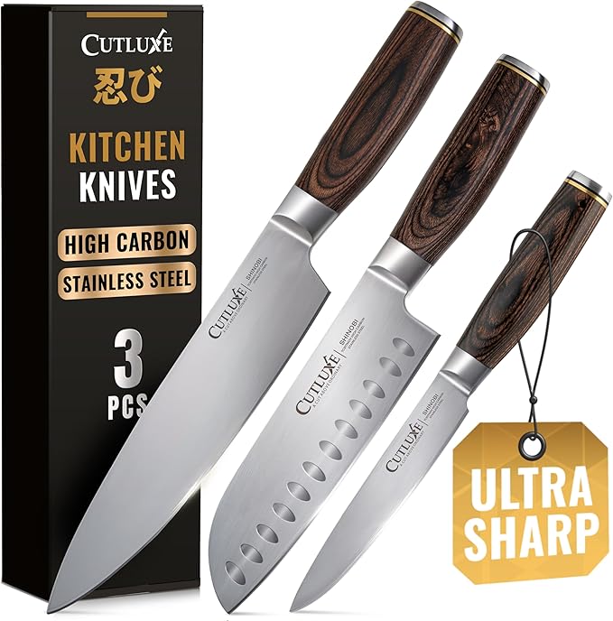 Cutluxe 3-Piece Chef Knife Set – Ultra Sharp Japanese Kitchen Knives, High Carbon Stainless Steel Blades, Full Tang Pakkawood Handles – Shinobi Series