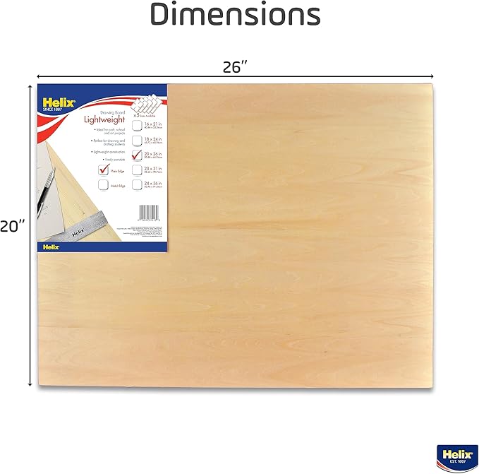Helix - Wooden Lightweight Drawing Board - 20 x 26 Inch - Plain Edge - Drafting, Art, Sketching and Tracing