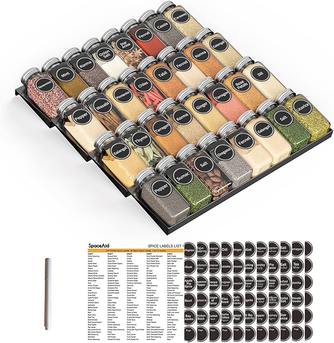 SpaceAid Spice Drawer Organizer with 32 Spice Jars, 386 Spice Labels, 4 Tier Seasoning Rack Tray Insert for Kitchen Drawers, 15" Wide x 17.5" Deep