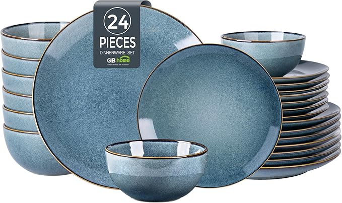 GBHOME Ceramic Dinnerware Sets for 8, 24 Pieces Stoneware Plates and Bowls Sets, Reactive Glaze Dishes -Scratch Resistant, Dishwasher&Microwave Safe-Space Blue