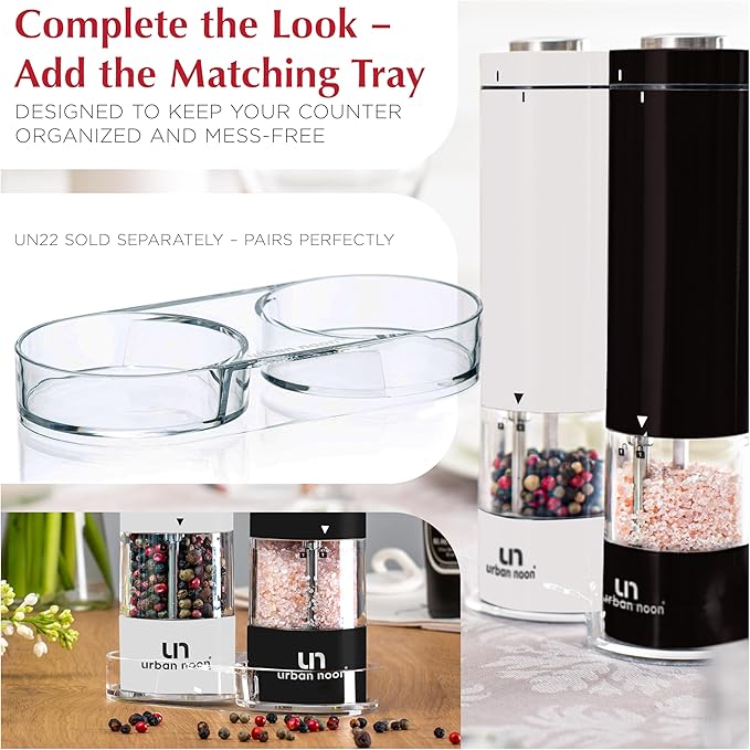 Electric Salt and Pepper Grinder Set - Battery Operated Stainless Steel Mills (1 Black Pepper Grinder + 1 White Salt Grinder) Automatic One Handed Operation Electronic Adjustable Ceramic Grinders