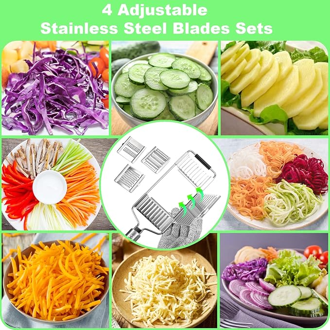 Suuker 4 in 1 Vegetable Cutter with Cheese Grater, Carrot Grater, Cabbage Shredder, Cucumber Slicer - Stainless Steel Mandoline Slicer for Kitchen