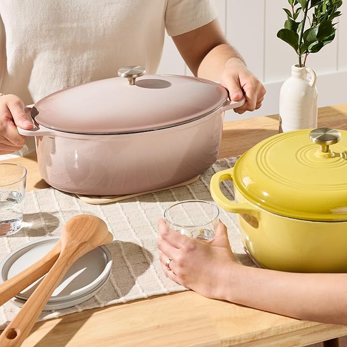 Best Choice Products Oval 7.5 Quart Enamel Cast-Iron Dutch Oven, Heavy-Duty Pre-Seasoned for Baking, Cooking w/Side Handles – Mushroom Beige