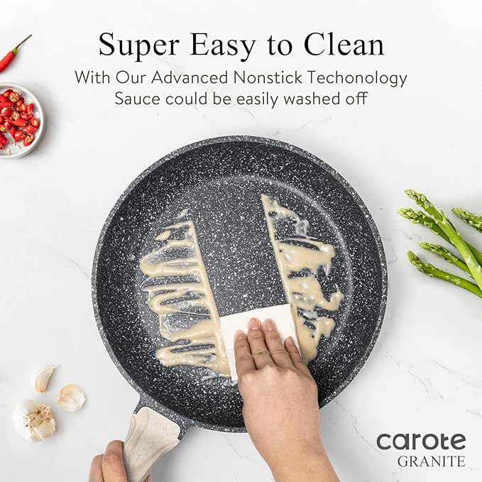 CAROTE Non Stick Frying Pan Skillet, Omelet Pan, Healthy Non Toxic Granite Chef Pan, Induction Compatible Egg Frying Pan with Heat-Resistant Handle, PFOA-Free,Black, 12"