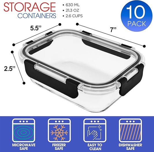 Sorbus 20pc Glass Meal Prep Containers Set β 10 Glass Food Storage Containers (21.3oz, 2.6 Cups) with Airtight Lids β Freezer, Dishwasher, and Oven Safe β Reusable Containers for Meal Prep and Storage