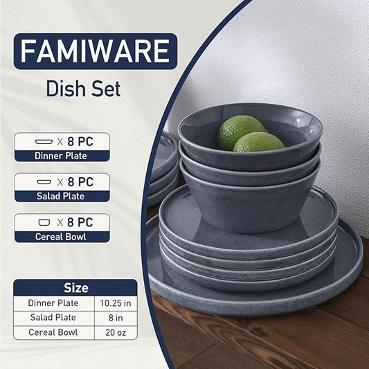 Famiware Plates and Bowls Sets, Annecy Stoneware Dinnerware Sets for 8, 24 Pieces Dish Set, Plate with Lip Edge, Reactive Glaze Tableware - Microwave & Dishwasher Safe, Misty-Blue
