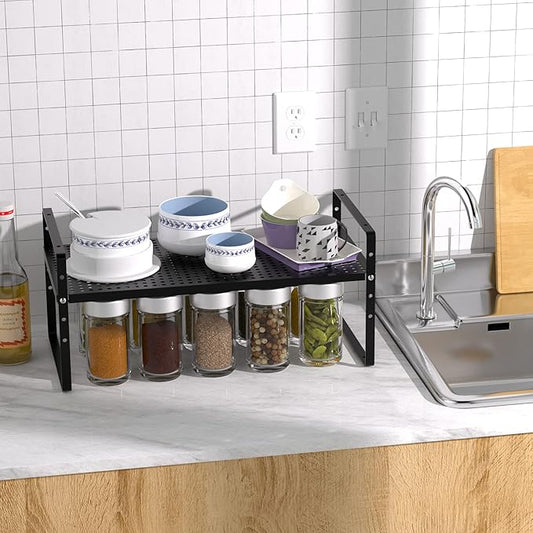 iPEGTOP Large Expandable Cabinet Storage Shelf Organizer Rack, Heavy Duty Stackable Steel Metal Spice Rack Adjustable Height Office Pantry Garage Shelves for Counter Kitchen, Black - 1 Pack