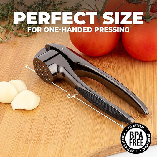 Zulay Kitchen Large Premium Garlic Press Set β Rust Proof & Dishwasher Safe, Bigger Bowl Garlic Mincer Tool with Silicone Garlic Peeler & Brush, Easy Squeeze & Clean, Ergonomic Handle - Dark Gray