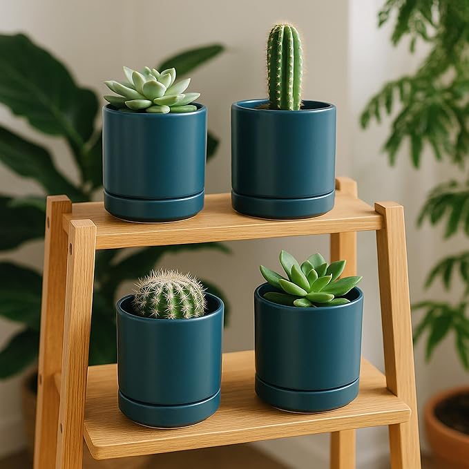 D'vine Dev Set of 4 Small Ceramic Plant Pots, 4.7 Inch Succulent Planter Pot for Plants with Drainage Hole and Saucer, Teal, 94-X-B-9