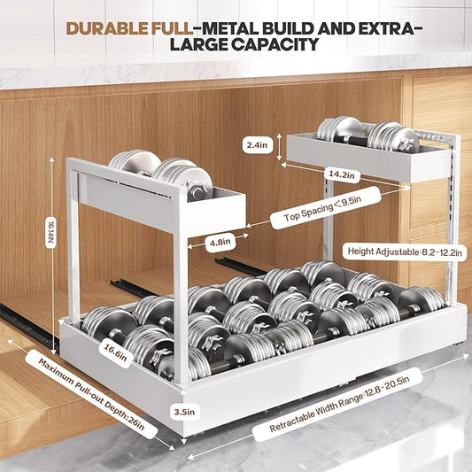 Expandable Under Sink Organizer with 3 Ball-Bearing Slide Rails, 2-Tier Pull-Out Under Cabinet Storage Shelf for Kitchen & Bathroom, Height-Adjustable Slide-Out Cabinet Drawer (White, 1-Pack)