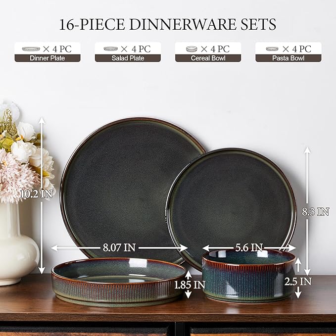 E-far 16 Piece Dinnerware Sets, Plates and Bowls with Pasta Bowls Service for 4, Modern Stoneware Ribbed Dishes for Kitchen Dining, Microwave & Dishwasher Safe, Blackish Green