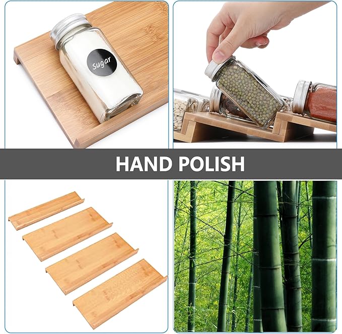 Bamboo Spice Drawer Organizer, 4 Tier In Drawer Spices Rack for Cabinet Drawer Expandable From 13" to 26", Stackable Seasoning Storage Organizer Insert