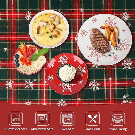Plates and Bowls, 16 Pcs Christmas Porcelain Dishes Set, Xmas White&Red Snowflake Holiday Dinnerware Sets, Service for 4 for Winter Party Supplies, Microwave and Dishwasher Safe