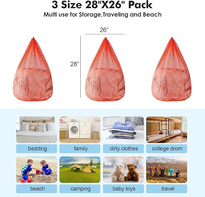 3Pcs Mesh Laundry Bags Washing Machine Mesh Wash Bags Jumbo for Delicates Clothes,Bed Linen,Toys with Drawstring Closure Sturdy(3 XXLarge 28 x 26 Inches, Orange)