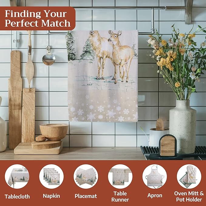 Maison d' Hermine Kitchen Towels Set of 3 100% Cotton 20" x 27.5" Reusable Cloth Tea Dish Towels Absorbent with Hanging Loop for Kitchen Dining Thanksgiving Christmas Decorations (Deer in The Woods)