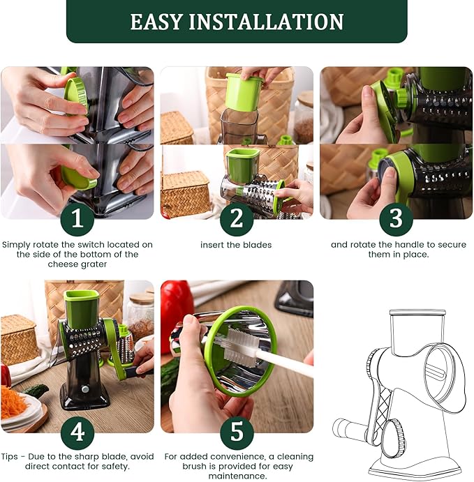 HANSGO Rotary Cheese Grater, Cheese Shredder, Labor-Saving Handle, Strong Suction Base, 3 Changeable Blades for Harder Cheeses, Vegetable, Nuts, Chocolate, Fruits, Safe & Easy to Clean