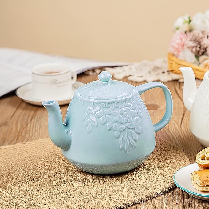 Toptier Ceramic Teapot, Large Tea Pot with Stainless Steel Infuser, Blooming & Loose Leaf Teapot for Tea Lover, Gift, Family (37 oz / 1100 ml, Blue)