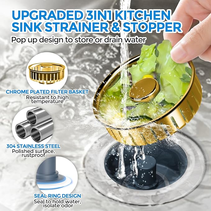zaa Kitchen Sink Drain Strainer - Kitchen Sink Stopper, 304 Stainless Steel Sink Drain Stopper, Sink Protector for Kitchen with Anti-Clog Filter, Fit US Standard 3-1/2'' Sink Drain Hole, Gold
