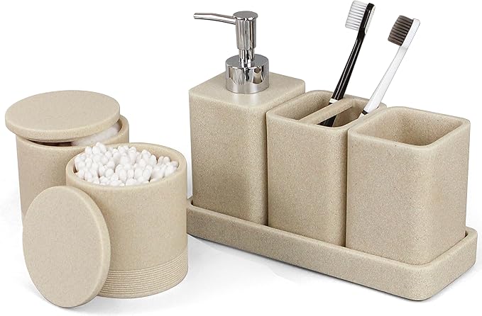 Bathroom Accessories Set, 6 Piece Bathroom Set with Toothbrush Holders, Soap Dispenser, Vanity Tray, Tumbler, Cotton Swab Jars, Bathroom Organizer,Bathroom Sink Sets, Stone Beige
