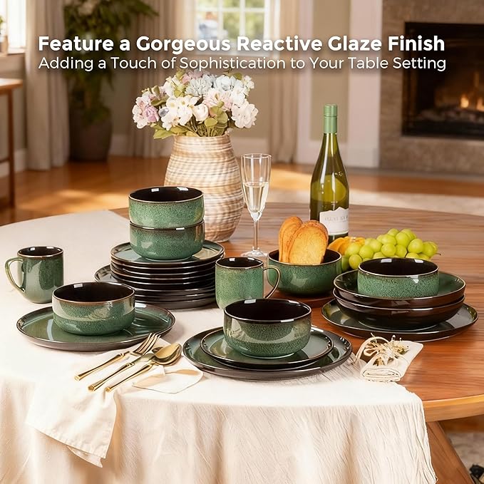 LERATIO Ceramic Dinnerware Set for 4, Poreclain Plates, Bowls, Handmade Reactive Glaze Dishes, Chip Resistant, Oven & Dishwasher Safe, Service for 4