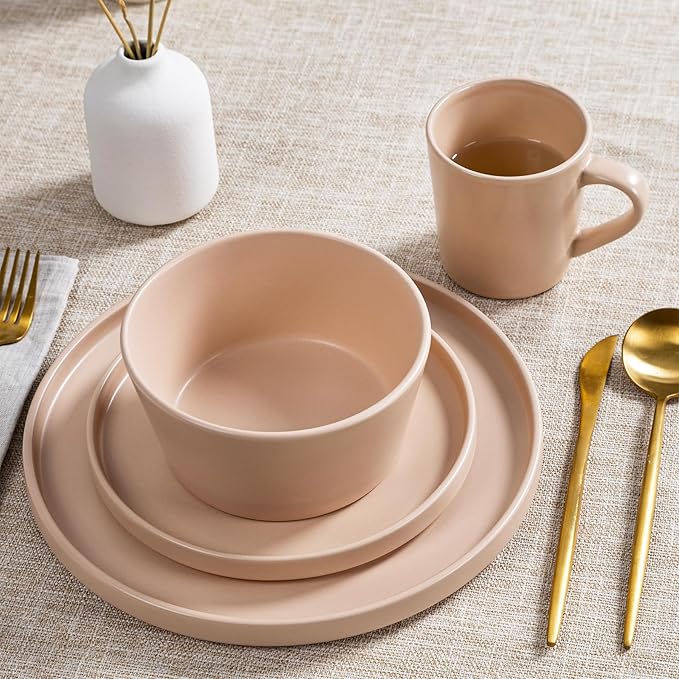 Plates and Bowls Sets for 4 - CJDC-QUELO 16 Piece Stoneware Dinnerware Sets with Mugs, Ceramic Dishware Sets for Kitchen Dining Use, Chip and Scratch Resistant Microwave Dishwasher Safe, Brown