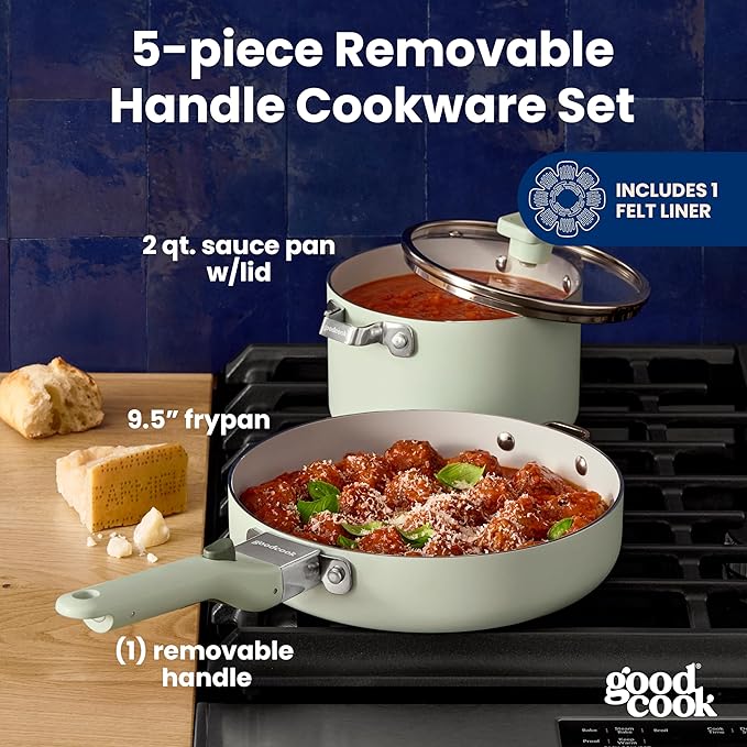 GoodCook Ceramic Cookware Set 5-Piece with Removable Handle, Induction Compatible, Nonstick and Oven Safe with 9.5-Inch Frypan, Sage Green