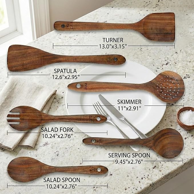 6-Piece Teak Wooden Cooking Utensil Set – Spoons & Spatulas for Nonstick Cookware, Eco-Friendly Kitchen Tools, Gift-Ready & Durable