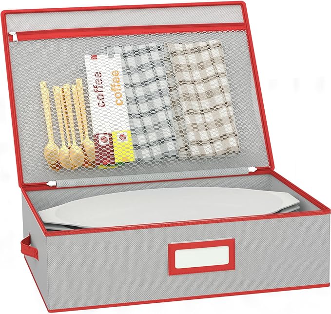homyfort Platter Storage Case, Christmas China Storage Containers Box Hard Shell 17" x 13" x 5.5" for Platters Organizing, 4 Felt Dividers Included, Structured Top and Stackable