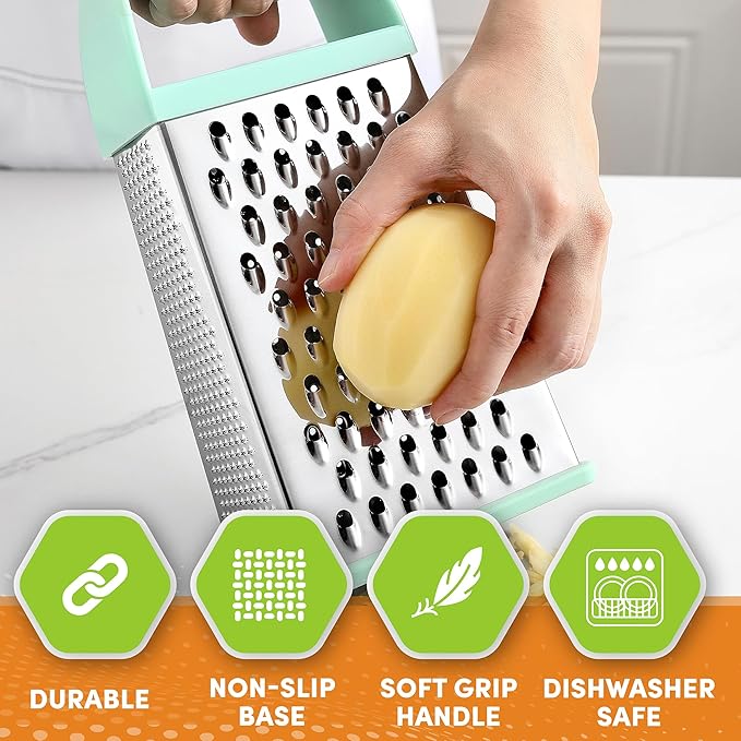 Spring Chef Professional 10" Stainless Steel Parmesan Cheese Grater with Handle, 4 Sided Handheld Box Grater, Kitchen Potato Shredder for Hash Browns, Hard Cheese, Ginger, Vegetables, Carrot - Mint