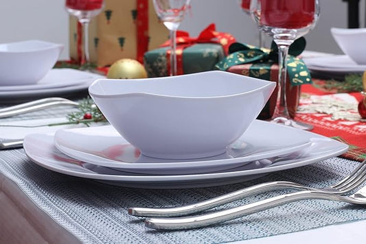 Melamine Dinnerware Sets, Square Dinnerware Sets, White Color Plates and Bowls Sets for 4, Unbreakable Dishwasher Safe BPA Free