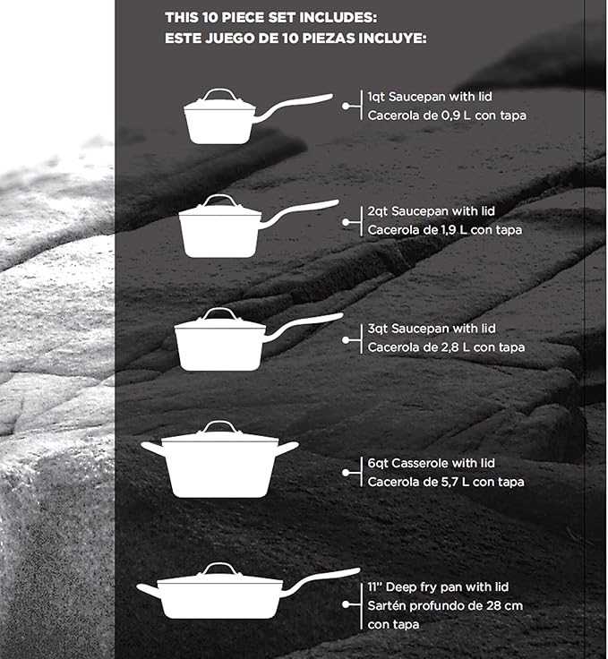 Starfrit The Rock 10PC Non-Stick Cookware Set - Durable Forged Aluminum - Oven Safe - PFOA Free - Easy to Clean - Black