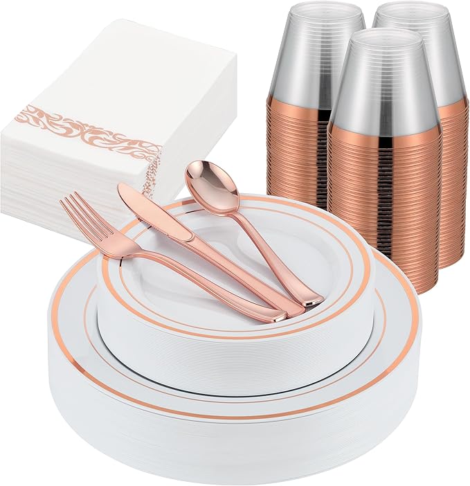 350PCS Rose Gold Plastic Plates for 50 Guests, Rose Gold Disposable Plates for Party Wedding-Dinnerware Set Include 50Dinner&Salad Plates, 50Silverware Set, 50Napkins, 50Cups