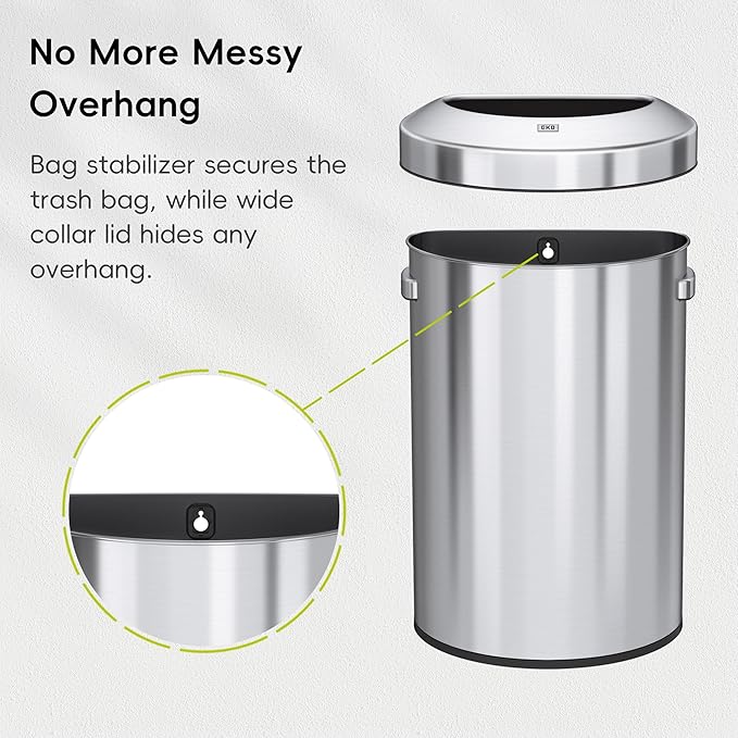 EKO Urban 16 Gallon Semi-Round Open Top Waste Bin, Stainless Steel Half Round Commercial Trash Can for Indoor and Outdoor, Extra Large Metal Garbage Bin for Home, Office, Restaurant, Restroom, 60L