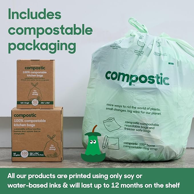 Compostic Home Compostable Trash Bags, 13 Gallon Tall Kitchen Rubbish Bags (23” x 29”), Extra Strong & Quickly Breaks Down, 100 Count