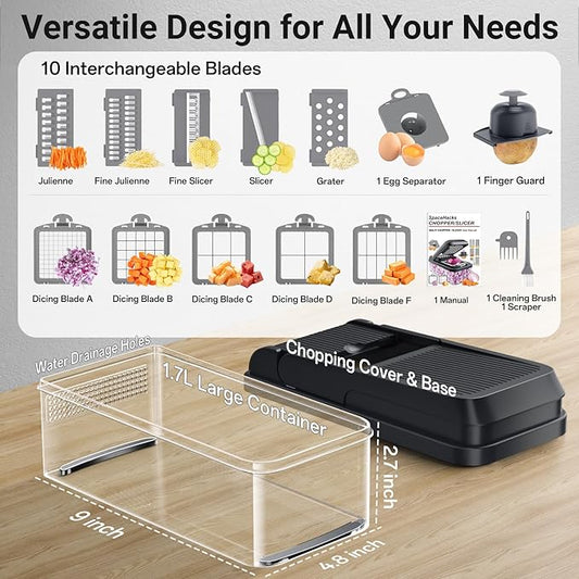 15-in-1 Vegetable Chopper, Kitchen Gadgets with 10 Blades, Veggie, Food, Onion Chopper, Cucumber Slicer, Versatile Mandoline, Includes Egg Separator & Finger Guard, Gray