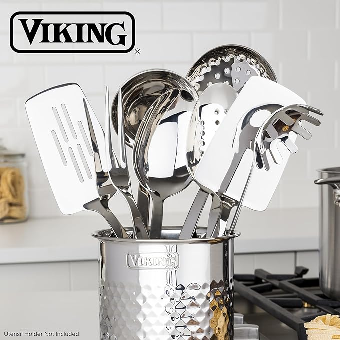 Viking Kitchen Utensils Set, 8 Piece Stainless Steel Cooking Utensil Set, Includes Spatulas, Spoons, Pasta Fork, Deep Ladle, Meat Fork, and Skimmer, Silver
