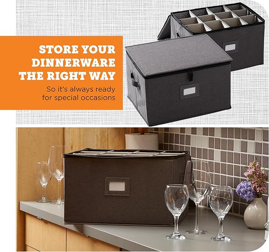 storageLAB Wine Glass Storage Containers, Hard Shell Organizer for Stemware and Glassware Sets, Stackable Wine Glass Storage Box with Dividers for Kitchen and Moving Supplies - 2 Pack Set, Gray