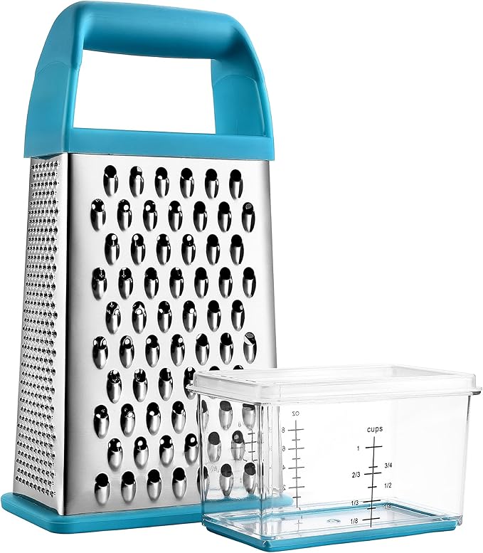 Spring Chef Professional 10" Parmesan Cheese Grater With Container, Stainless Steel & Soft Grip Handle, 4 Sided Kitchen Cheese Shredder Handheld Box Grater for Vegetables, Carrot, Ginger - Aqua Sky