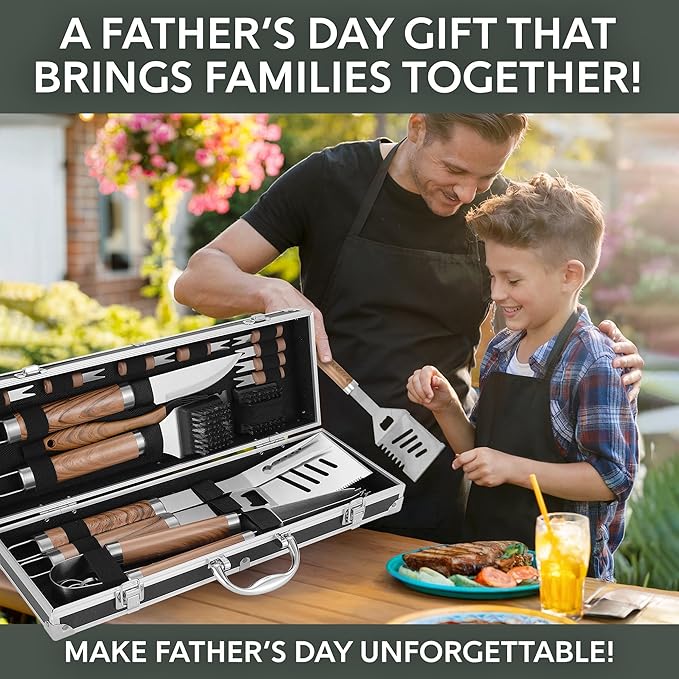 Kaluns Grilling Accessories, Dad Gifts for Christmas Grilling Gifts, Heavy Duty Stainless Steel BBQ Grill Tools Set for Outdoor Grill with Aluminum Case and Apron, Dad Birthday Gifts for Men Husband