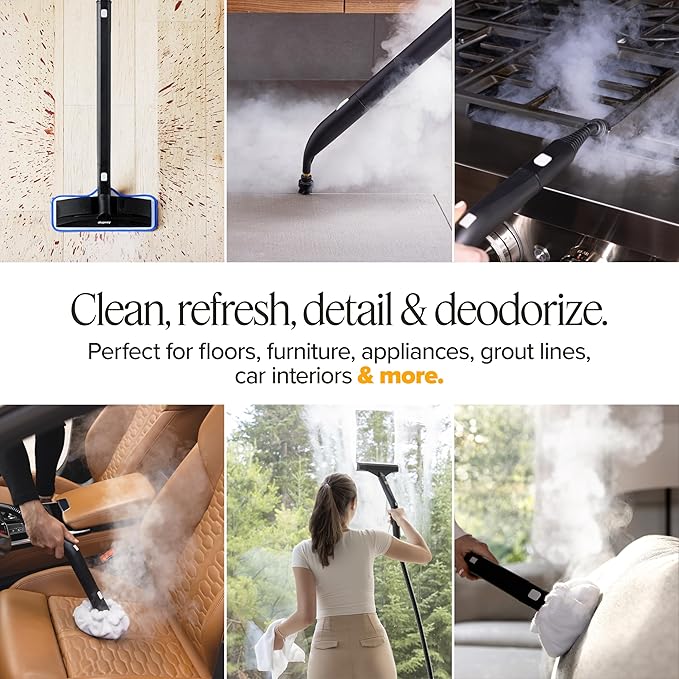 Dupray Neat Steam Cleaner with 22-Piece Accessory Kit โ Versatile, Portable Steamer for Floors, Upholstery, Tiles, and More, removes 99.9% of Bacteria & Viruses* (incl. x6 Triangle Bonnets)